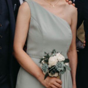 David's Bridal Dusty Sage Green Bridesmaid Dress altered to fit ~5'2"